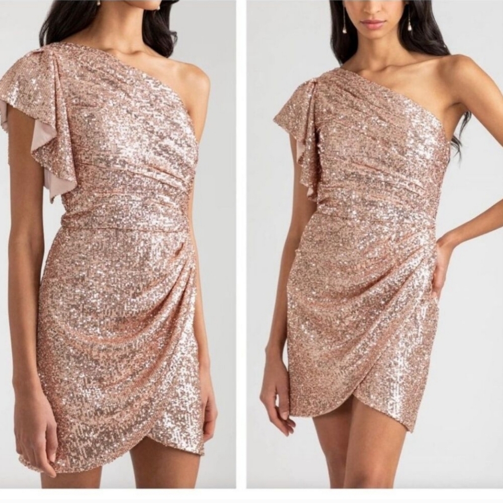 Shoshanna Midnight Dahlia One Shoulder Sequin Dress Rose Gold Pink Size 4